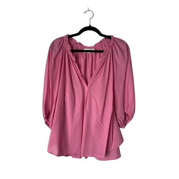 XiRENA Tops - Xirena Jules Cotton Poplin Top Size Large Pink Short Puff Sleeve Ruffle Blouse
